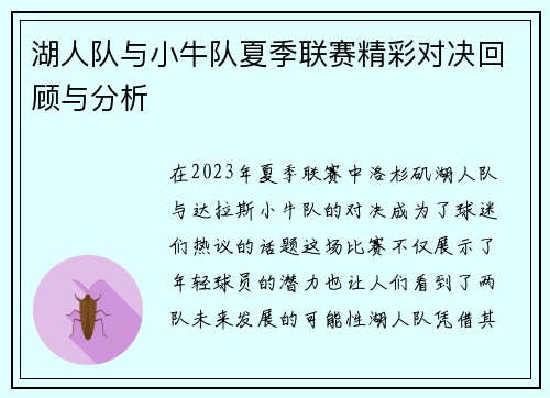 湖人队与小牛队夏季联赛精彩对决回顾与分析